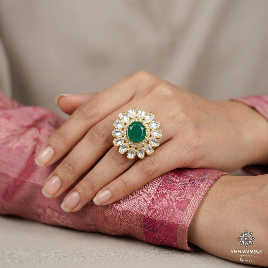 Emerald Moissanite polki Ring .